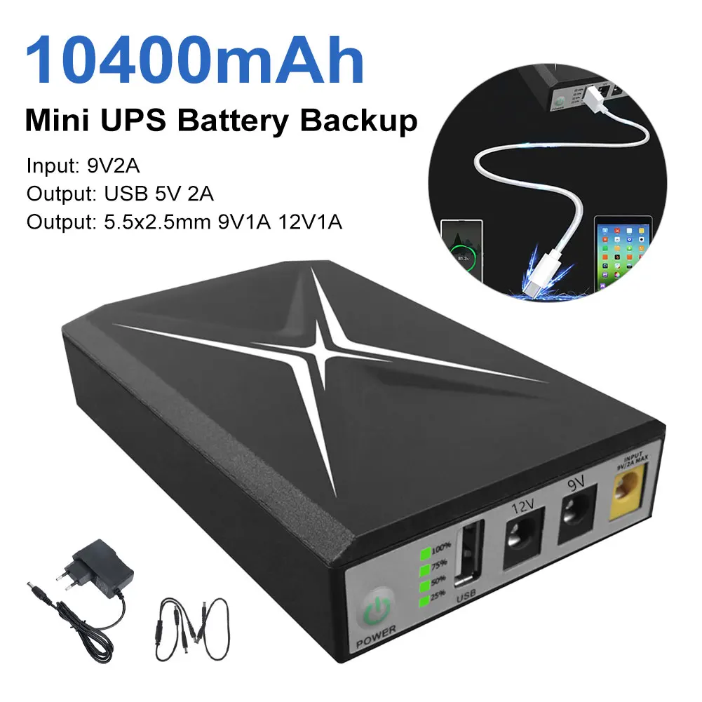 10400mAh Mini UPS Battery Backup USB 5V2A 5.5x2.5mm 9V1A 12V1A Portable Uninterruptible Power Supply Unit For Router Wholesale
10400mAh Mini UPS Battery Backup USB 5V2A 5.5x2.5mm 9V1A 12V1A Portable Uninterruptible Power Supply Unit For Router Wholesale