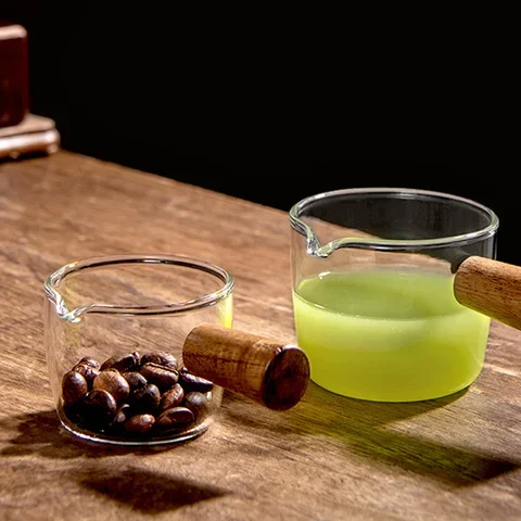 

Heat-resisting Glass Espresso Measuring Cup Glass Milk Jug With Wooden Coffee Shop Handle Accessories Breakfast Honey Jam Cup