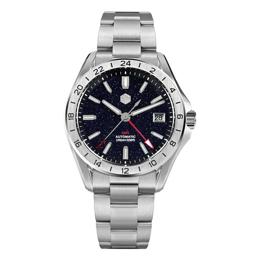 

San Martin Men GMT Watch Automatic Mechanical Wristwatch 10ATM Waterproof BGW-9 Luminous Sapphire NH34 Aventurine Gemstone Dial