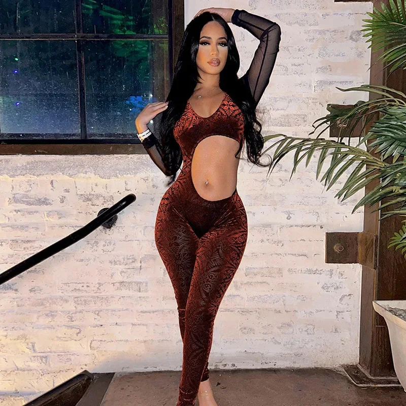 Women Sexy Flocking Jumpsuit Hollow Out Sheer Mesh Patchwork Long Sleeve Skinny Club Party Overalls Fashion Streetwear Outfits
Women Sexy Flocking Jumpsuit Hollow Out Sheer Mesh Patchwork Long Sleeve Skinny Club Party Overalls Fashion Streetwear Outfits