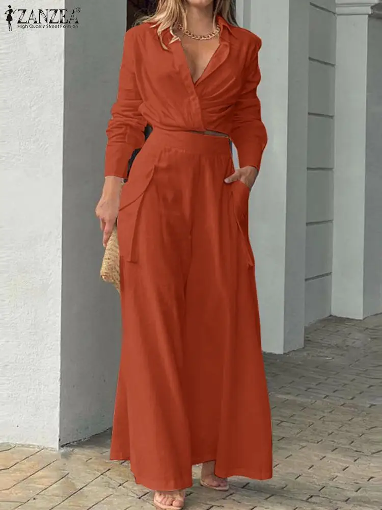 

Модель 2023 года, модный уличный костюм ZANZEA, блузка с длинным рукавом и V-образным вырезом, свободные брюки, повседневные свободные подходящие комплекты из 2 предметов, женские праздничные костюмы
