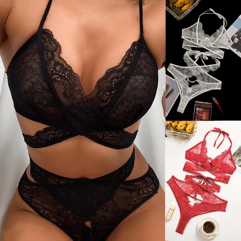 

Sexy Lace Hollow Out Cross Bandage Lingerie Pornos Suit Women Transparent Halter Push Up Bra Set Erotic sensual Underwear Outfit