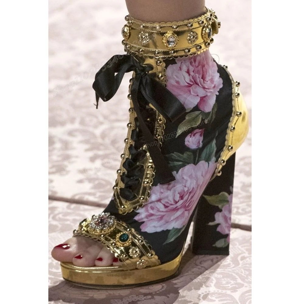 Flower Pattern Cross Tied Peep Toe Ankle Boots Chunky High Heel Fashion Sexy Runway Style Women Shoes 2024 Zapatos Para Mujere
Flower Pattern Cross Tied Peep Toe Ankle Boots Chunky High Heel Fashion Sexy Runway Style Women Shoes 2024 Zapatos Para Mujere