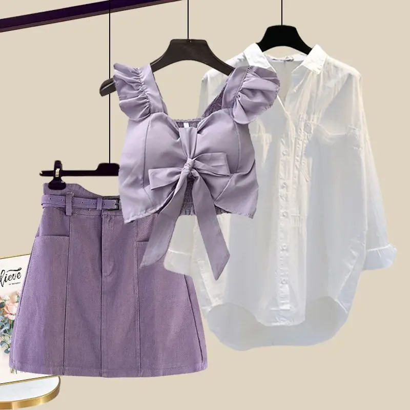 

Женская одежда, летние наряды, Новое поступление 2023, стильный Повседневный универсальный топ на бретелях, рубашка с короткой юбкой, модный Комплект из трех предметов
