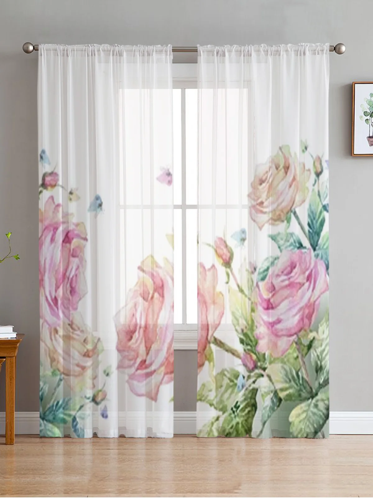 

Pink Roses With Butterflies Sheer Curtains Bedroom Voile Curtain Living Room Window Sheer Curtains Kitchen Tulle Drapes
