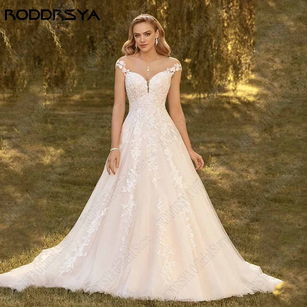 

RODDRSYA Cap Sleeves A-Line Wedding Dresses For Woman Boho Backless Applique Bride Gowns Tulle Scoop Neck Vestidos De Novia