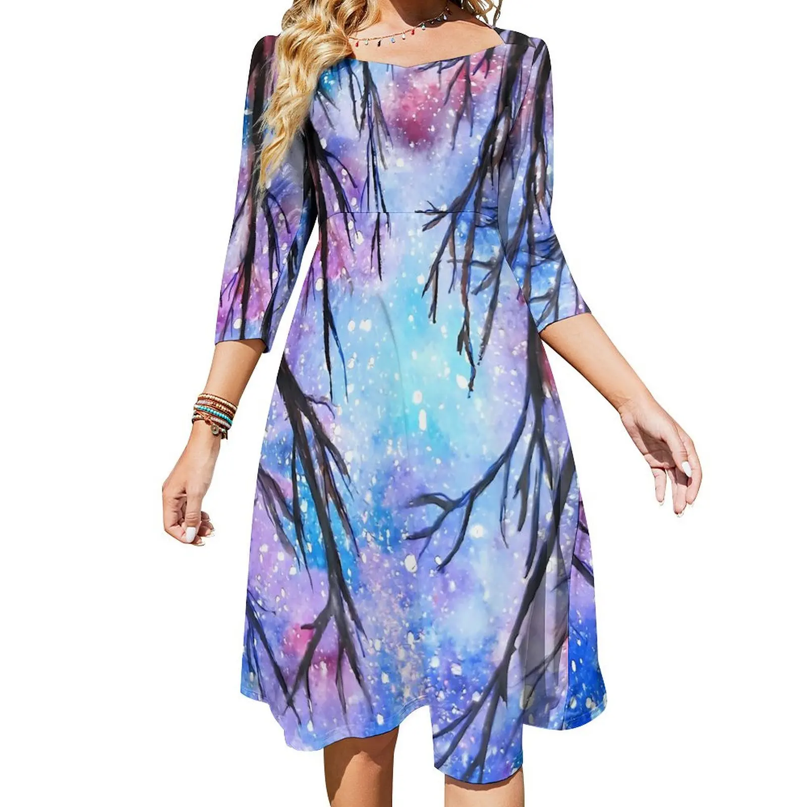 

October Starry Night Casual Dress Abstract Galaxy Pretty Dresses Summer Sexy Square Collar Aesthetic Printed Dress Large Size