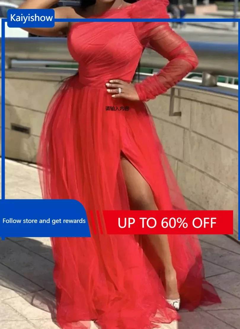 

Women Mesh Long Dress One Shoulder High Waist Slit See Through Sleeve African Female Gowns Occasion Celebrate Wedding Guest Robe