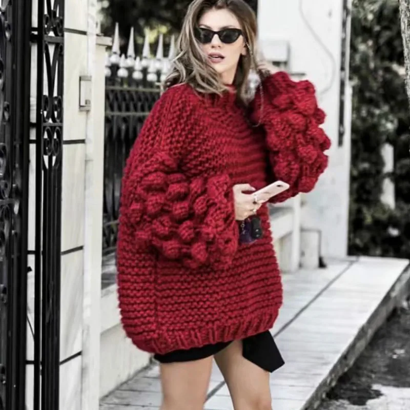 

Autumn Coarse wool handmade knitted Sweater women Half turtleneck lazy Rough wool Knitted Lantern Sleeved 3D Yarn Ball Pullover