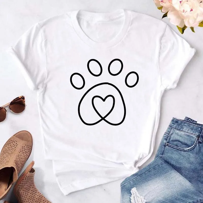 

Maycaur Love Heart Dogs Paws Print T Shirt Women Cartoon T-shirt Funny Black Summer Fashion O-neck Aesthetic Tshirts