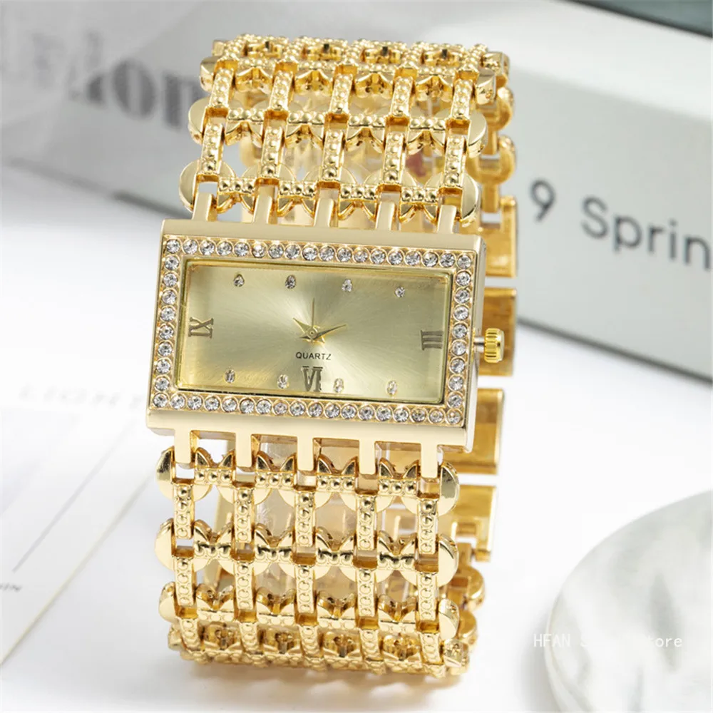 

Роскошные модные женские часы, блестящий циферблат, качественные женские кварцевые наручные часы, квадратные женские часы с браслетом из сплава и стразами
