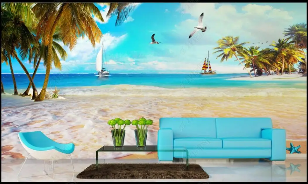 

3d photo wallpapers custom mural Beach coconut tree seagull sailboat marine scenery room home decor wallpaper for walls 3d