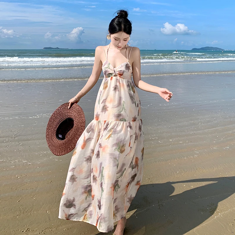

2024 New Holiday Style Sling Chic Print Dress for Women Sleeveless Vacation Summer Ladies Sundress Long Lolita Grunge Clothes