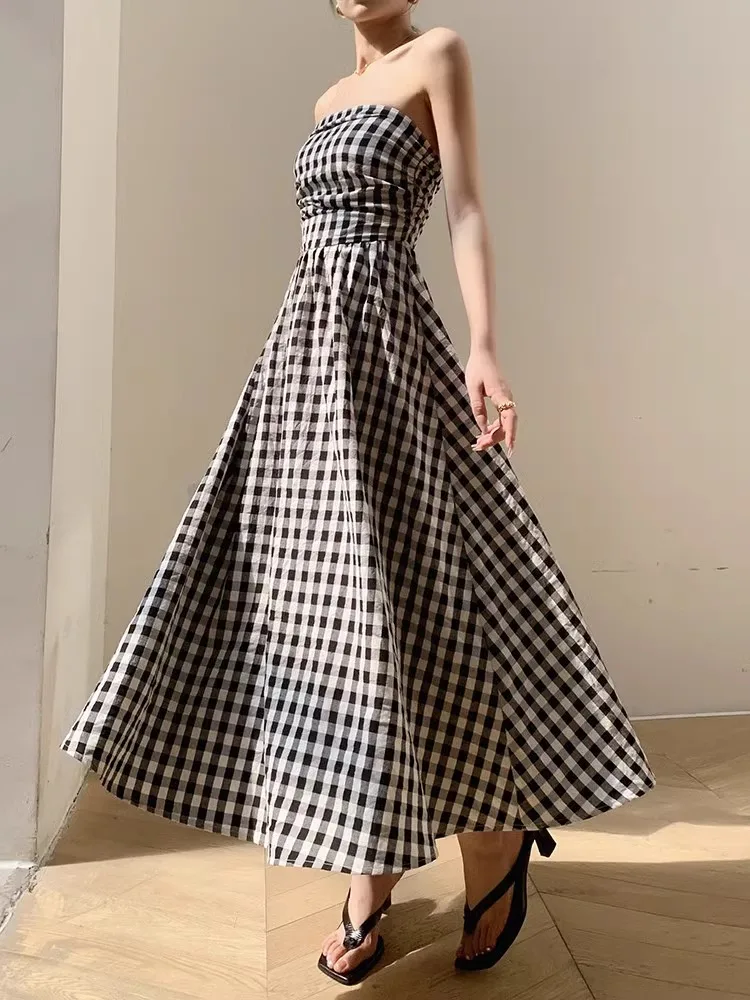 

Black And White Checkered Strapless Dress For Women'S Summer Haute Couture Suspender Slim Fit A-Line Long Skirt