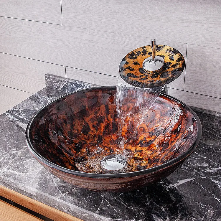 

New Nordic Round Bowl Hand-painted Flame Art Basin Home Bathroom Washbasin Tempered Glass Countertop Sink With Waterfall Faucet