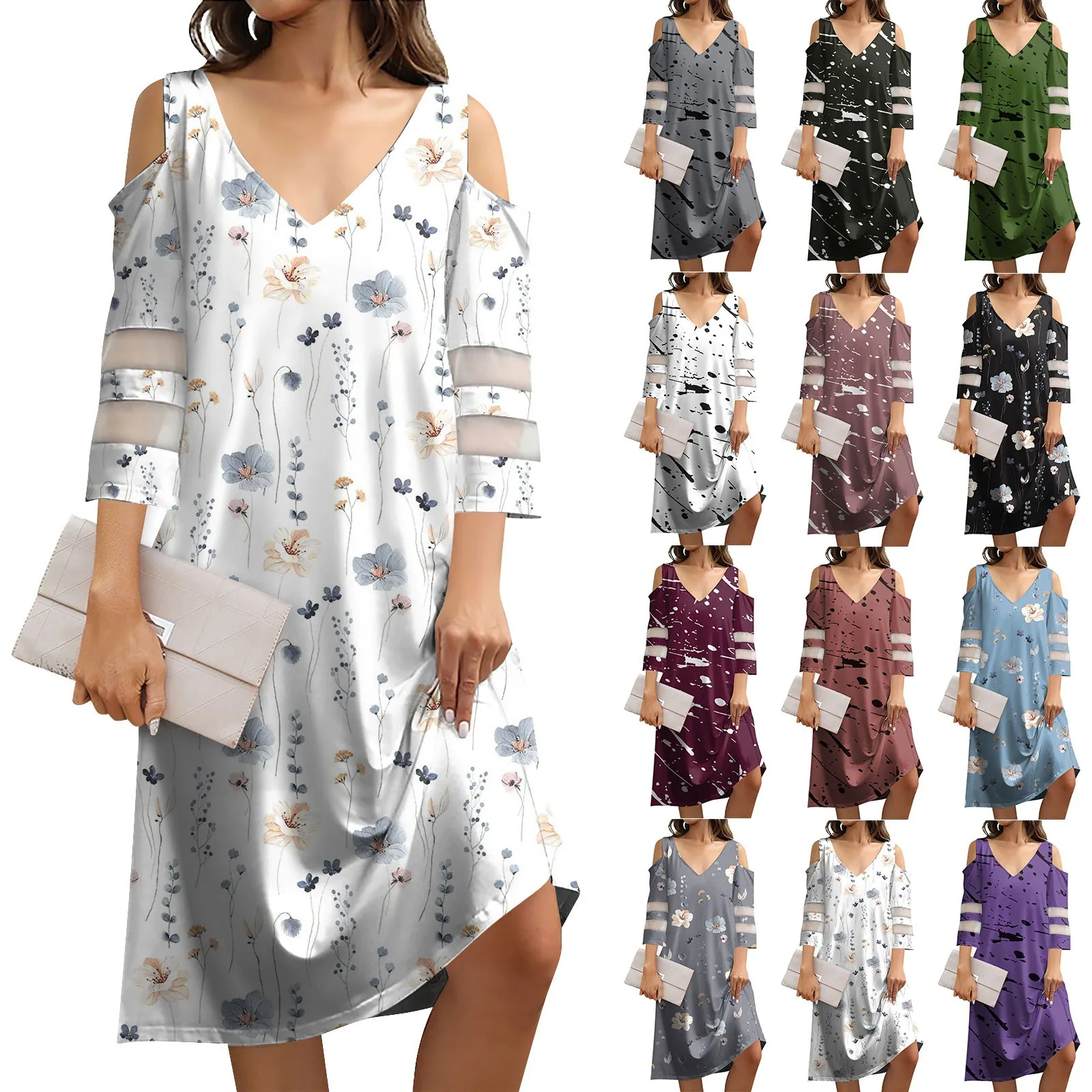 

Women's Summer V-neck Dresses Vintage Solid Color Printed Splicing Strapless Dress Seven Sleeve Casual Dresses فساتين طويلة