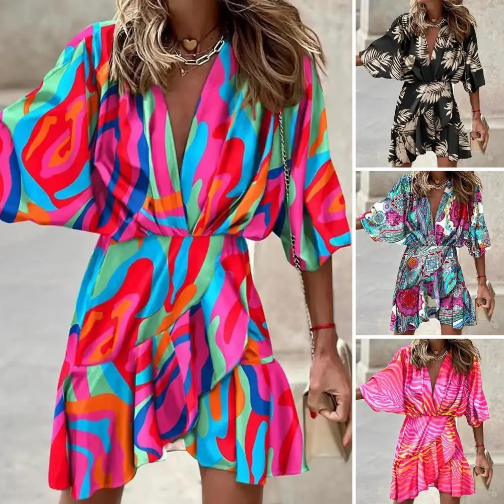 

Женское летнее мини-платье с высокой талией, разноцветное платье с V-образным вырезом и асимметричным подолом, оборками и высокой талией