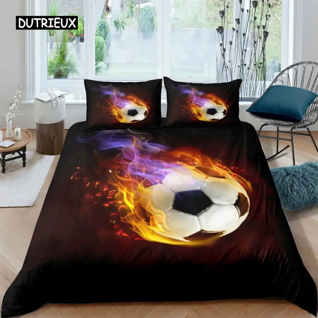 

Flame Soccer Duvet Cover Set Football Polyester Comforter Cover for Kids Teens Boys Soccer Lover Bedding Set Bedroom Decoration