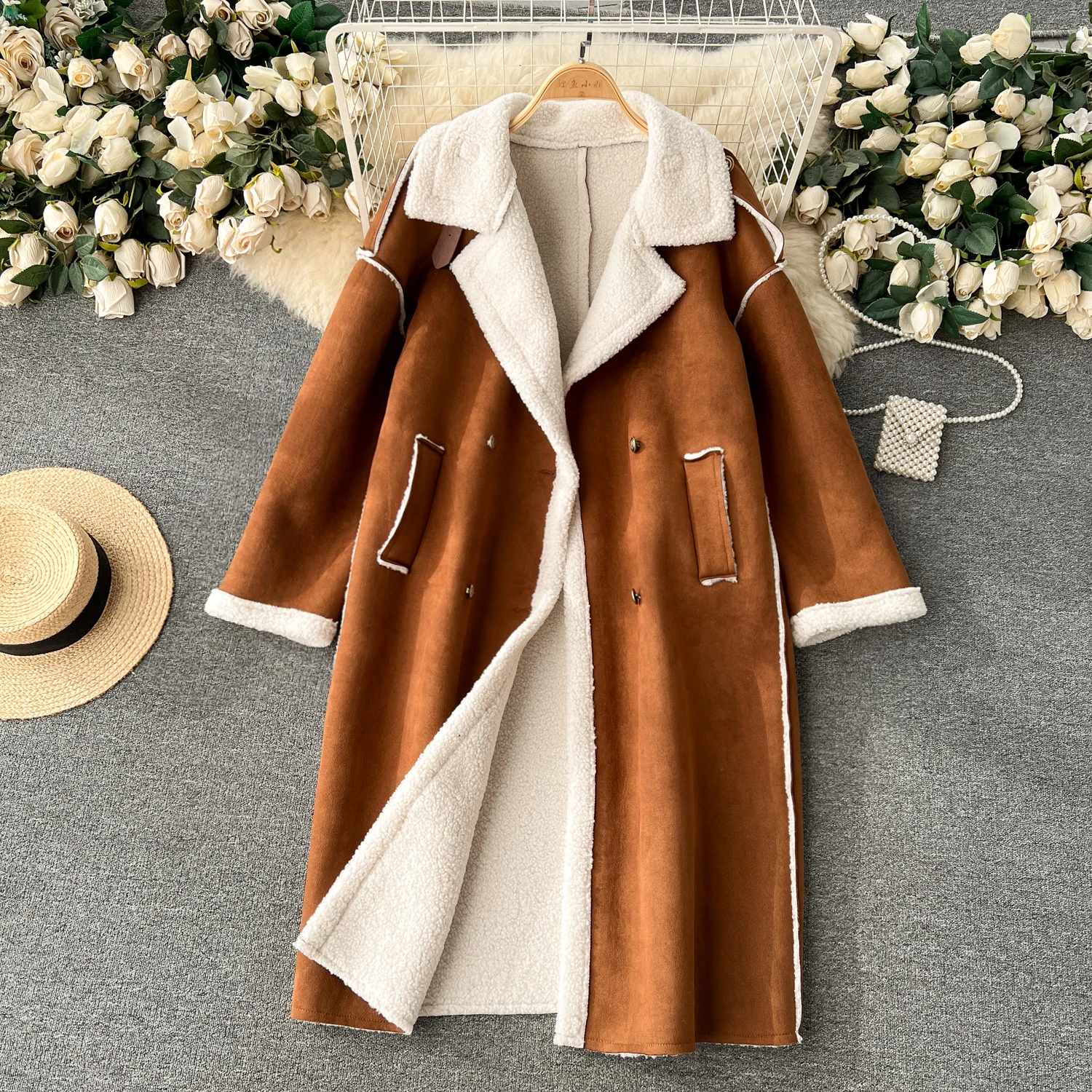 

Winter Thick Fur Overcoat Turndown Collar Buttons Long Cardigan 2024 Fashion Basics Loose Outerwear Warm Sweater Coat