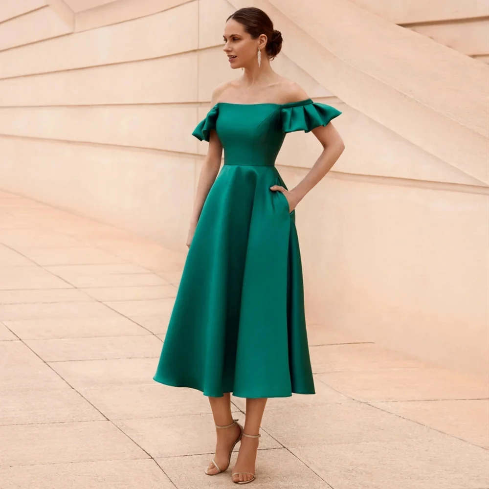 

OTHRAY Emerald Green Wedding Guest Dresses Satin Off the Shoulder A Line Mor of Bride Midi Tea Length Short Party 2024