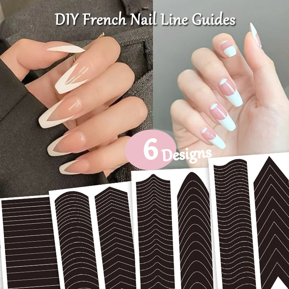 

1 Sheet French Manicure Edge Auxiliary Nail Sticker 6 Designs Moon V Shape Self-Adhesive Nail Tip Guides For DIY Line Nail Tools