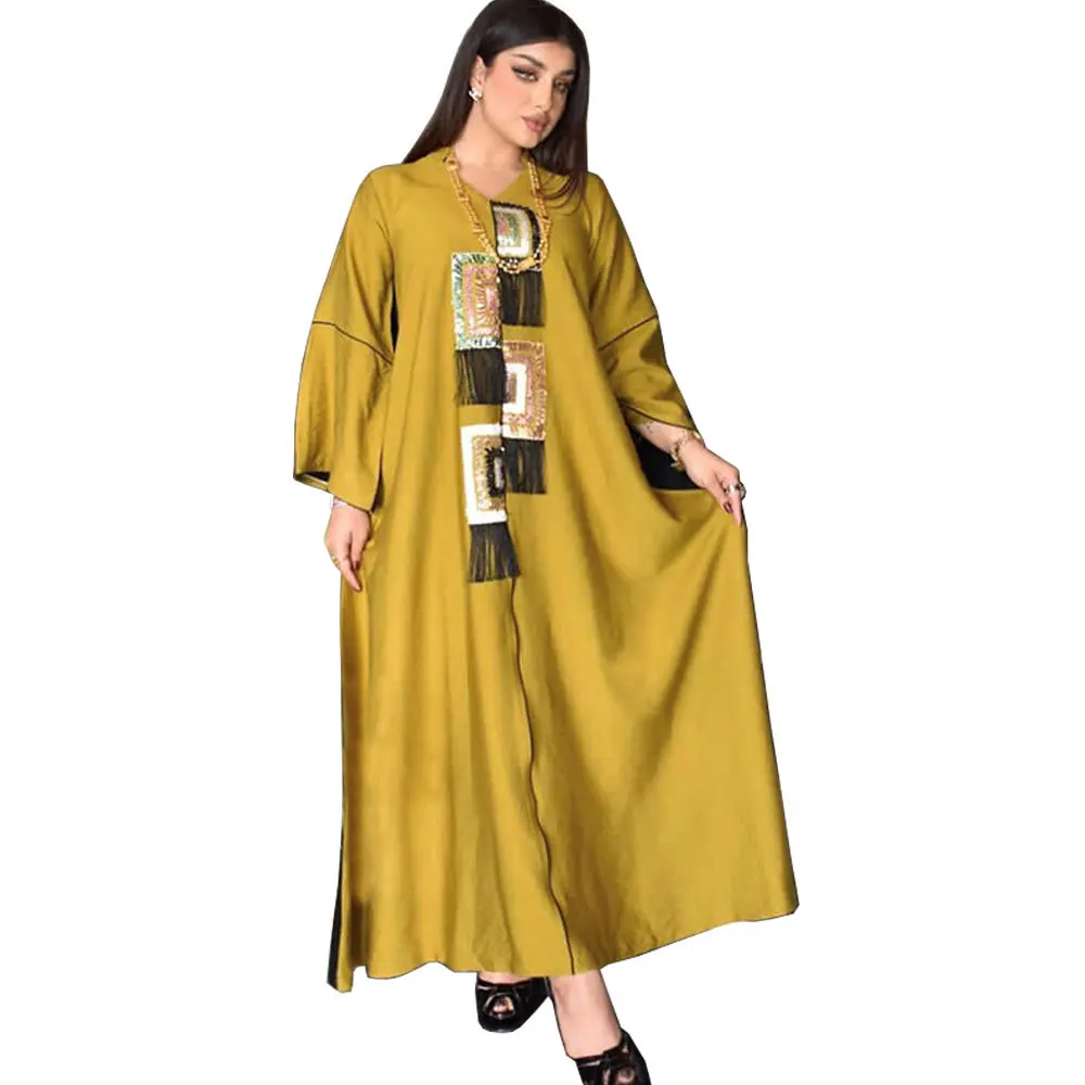 

Luxury Tassel Sequins Muslim Middle East Abaya Contrast Color Patchwork Loose Women Dresses Dubai Robe Elegant Evening Dress