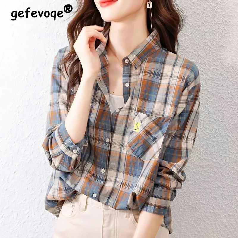 Spring Autumn Polo-neck Vintage Plaid Printing Cotton Shirt Ladies Long Sleeve Casual Fashion Blouse Women's All-match Cardigan
Spring Autumn Polo-neck Vintage Plaid Printing Cotton Shirt Ladies Long Sleeve Casual Fashion Blouse Women's All-match Cardigan