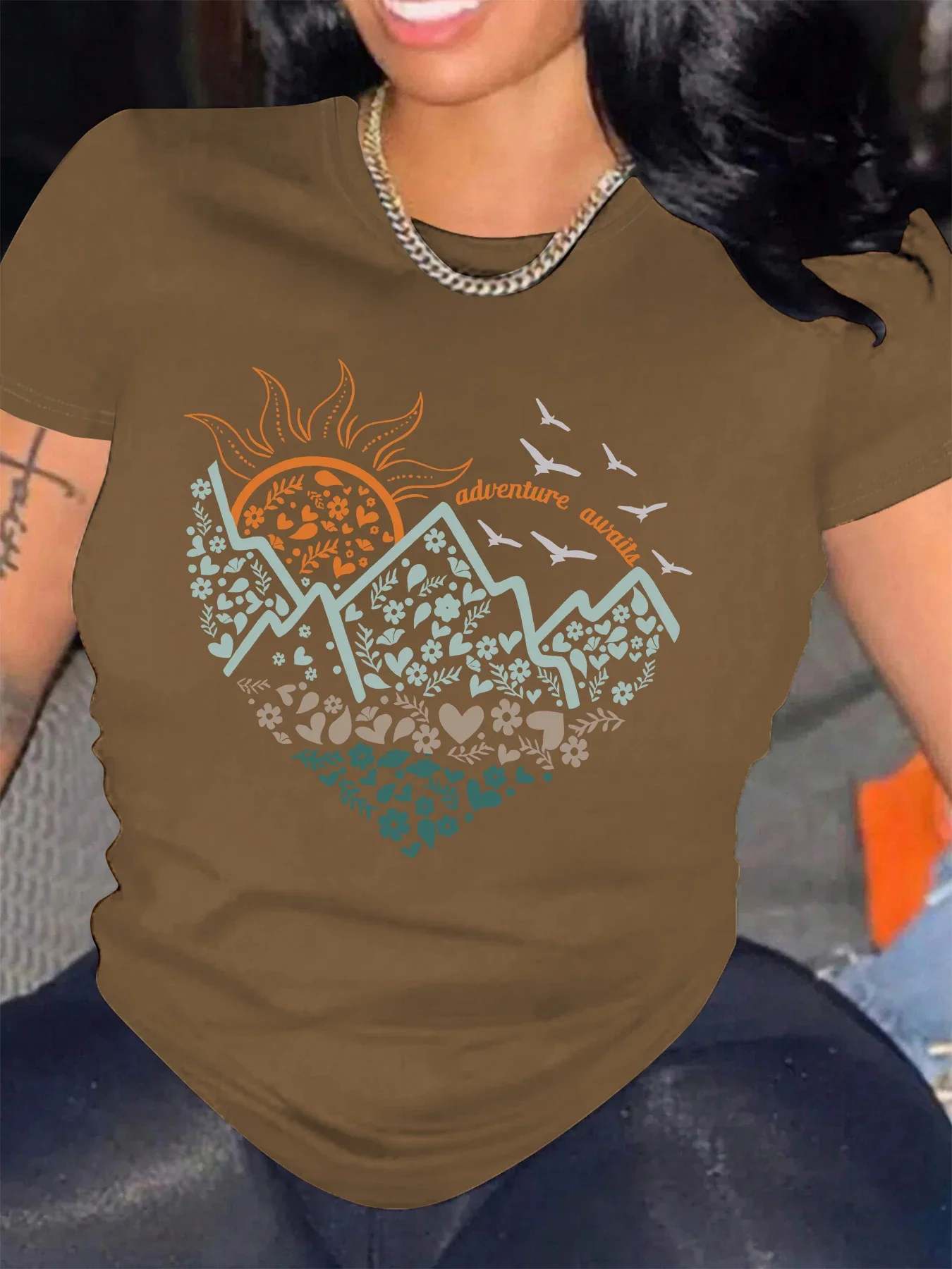 

Y2k летняя свободная футболка с коротким рукавом, приключения ждет и цветочный принт, футболка с принтом природы, лагеря, для влюбленных, футболка с круглым вырезом, топы