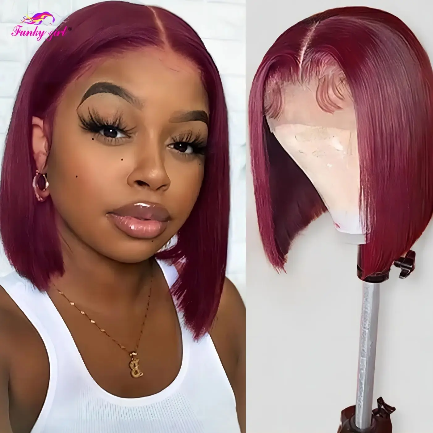 

Burgundy 99J 5x1 Straight Bob Lace T part Human Hair Wig 13x4 Transparent Lace Frontal Wigs Brazilian Red Colored Wig For Women
