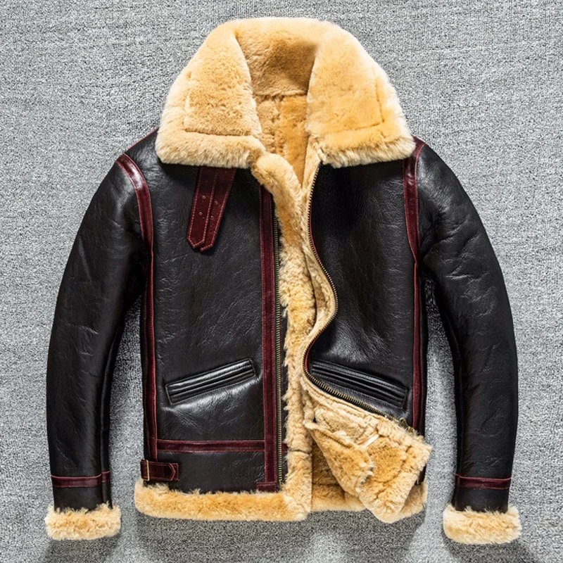 

Мужская кожаная куртка-Авиатор из натурального меха, плотная зимняя куртка-бомбер B3 в стиле ретро, пальто из овечьей шерсти, 2023