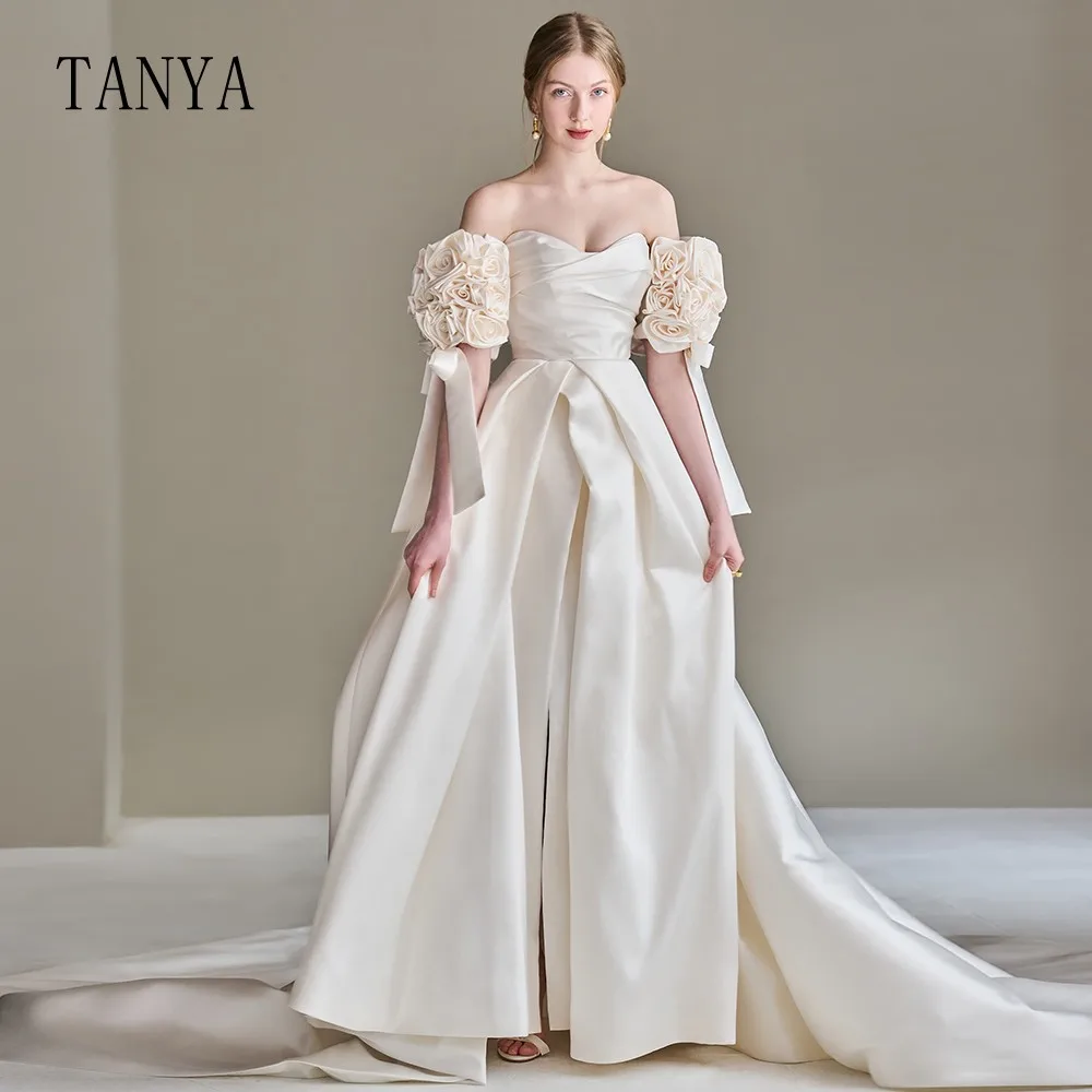 

Sweetheart Satin Wedding Dress With Detachable 3D Flowers Sleeve A Line Sweep Train Bridal Gown High Split Robe De Mariée G4883