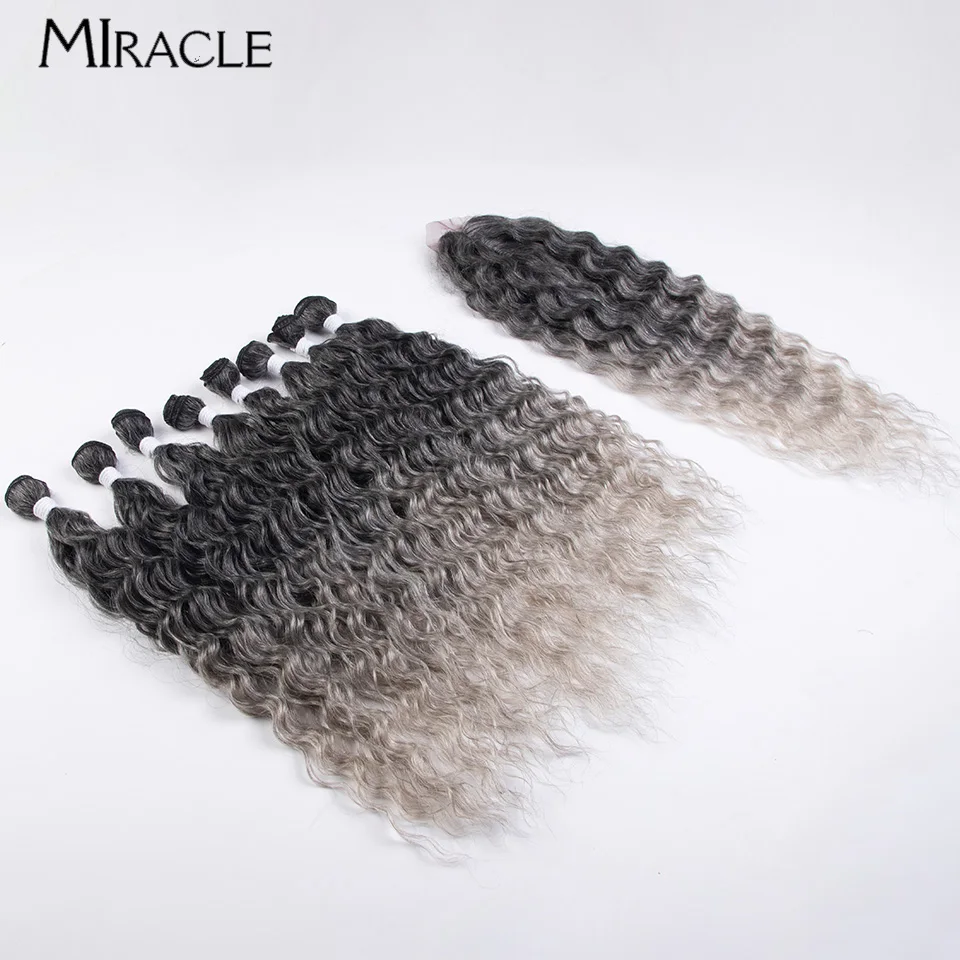 

MIRACLE 9PCS Afro Curly Hair Extension With Closure Synthetic Hair Bundles Water Wave Weaving Hair Piece Blonde Fake Hair Weaves