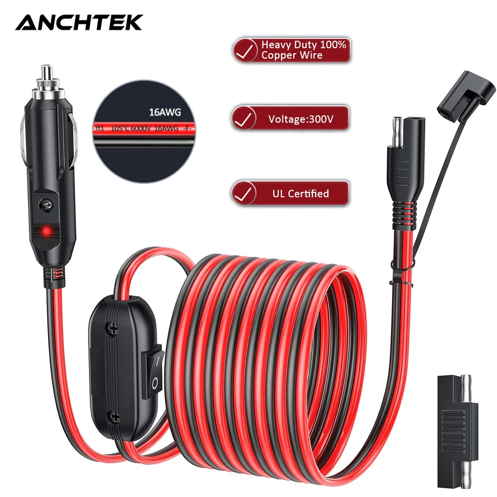 

Anchtek 16AWG 12V Cigarette Lighter SAE Battery Charger Cable Quick Release Adapter With Switch For RV Solar Panels Motorcycle