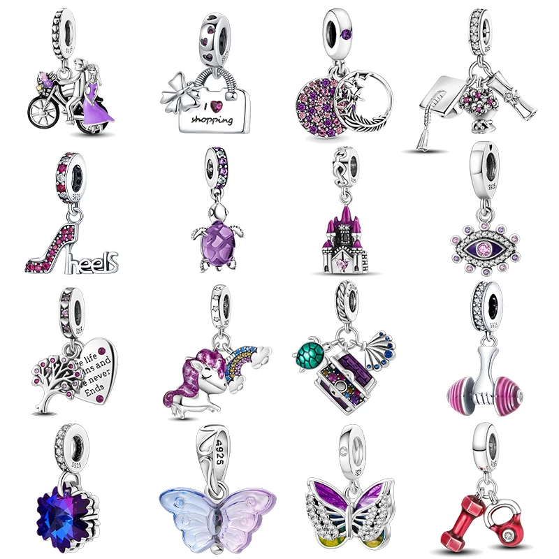 

925 sterling silver purple unicorn Butterfly Castle charms fit original Pandora bracelet charm bead necklace Diy female jewelry