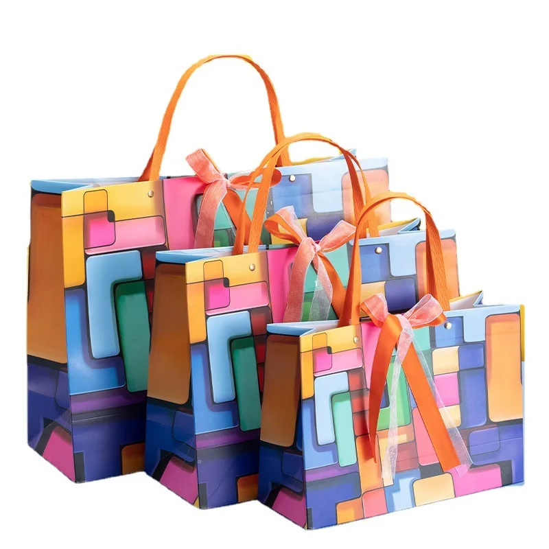

4pcs Wedding party Gift Paper Bag Birthday Festival Shopping Bag With Handles Bow Ribbon Colorful Tote Bag Clothing Packaging