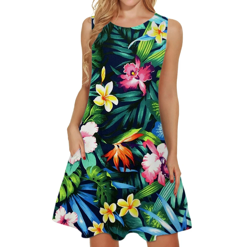 

Boho Printed Fashion Beachwear Dress Hawaii Style Trendy Women's Swing Dress Short Skirts Sleeveless Tops Vest Dress Summer 2024