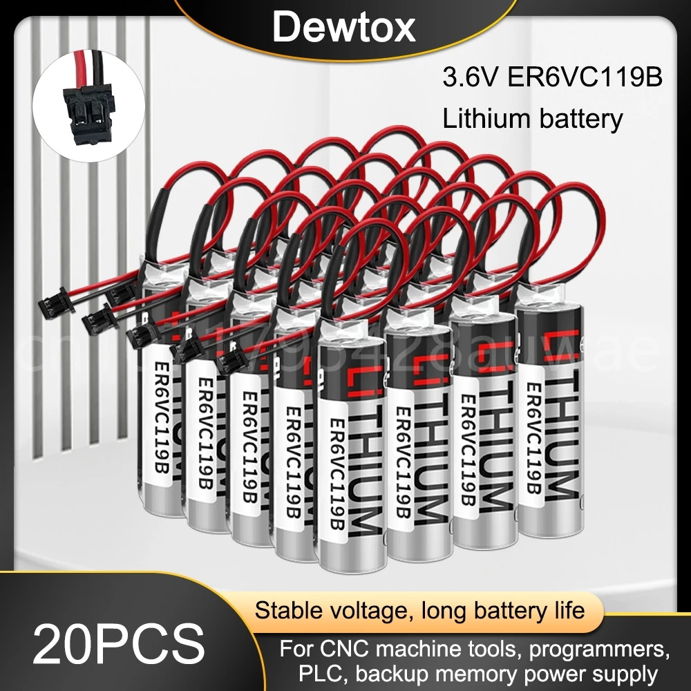 

20PCS Original New ER6V ER6VC119B Battery 3.6V 2000mAh PLC Lithium Batteries with Black Plug for CNC Machine Tools
