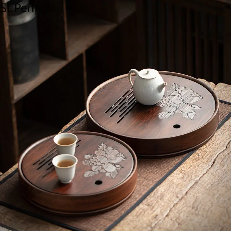 

Бамбуковый чайный поднос большой емкости для хранения воды, круглая чайная доска, китайский чайный набор кунг-фу, традиционные винтажные бамбуковые чайные инструменты