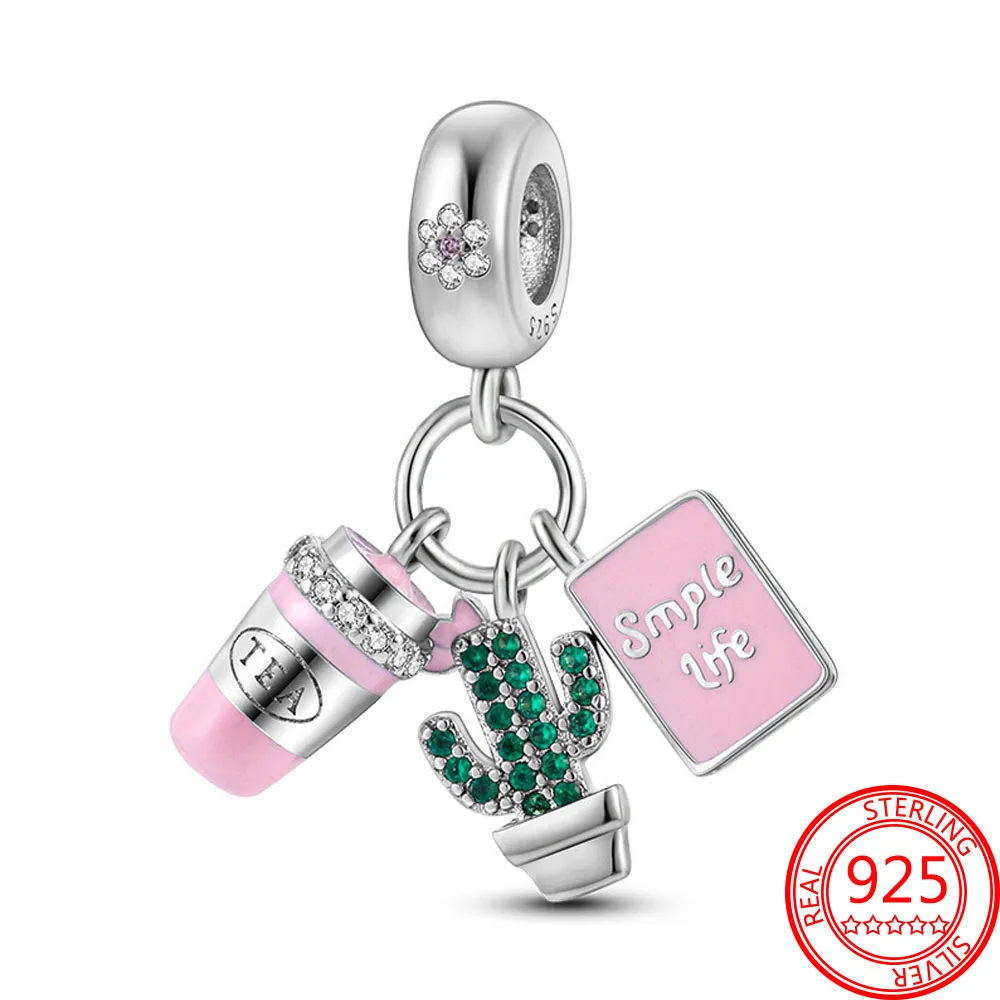 

Gift Girl Real 925 Sterling Silver Pink Tea Cup Cactus Dangle Charm fit 3mm Pandora Charms Bracelet DIY Women Jewelry