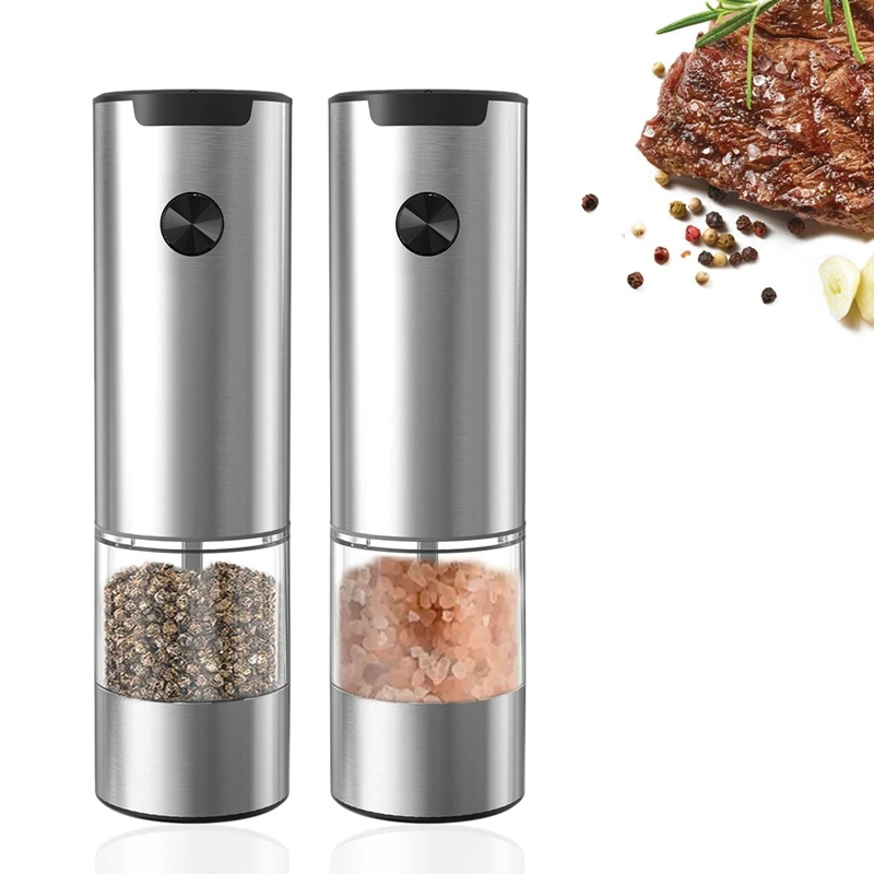 2 PCS Silver Stainless Steel Salt And Pepper Mills Electric Set Of 2 Battery Operated White LED Light And Adjustable Coarseness
2 PCS Silver Stainless Steel Salt And Pepper Mills Electric Set Of 2 Battery Operated White LED Light And Adjustable Coarseness