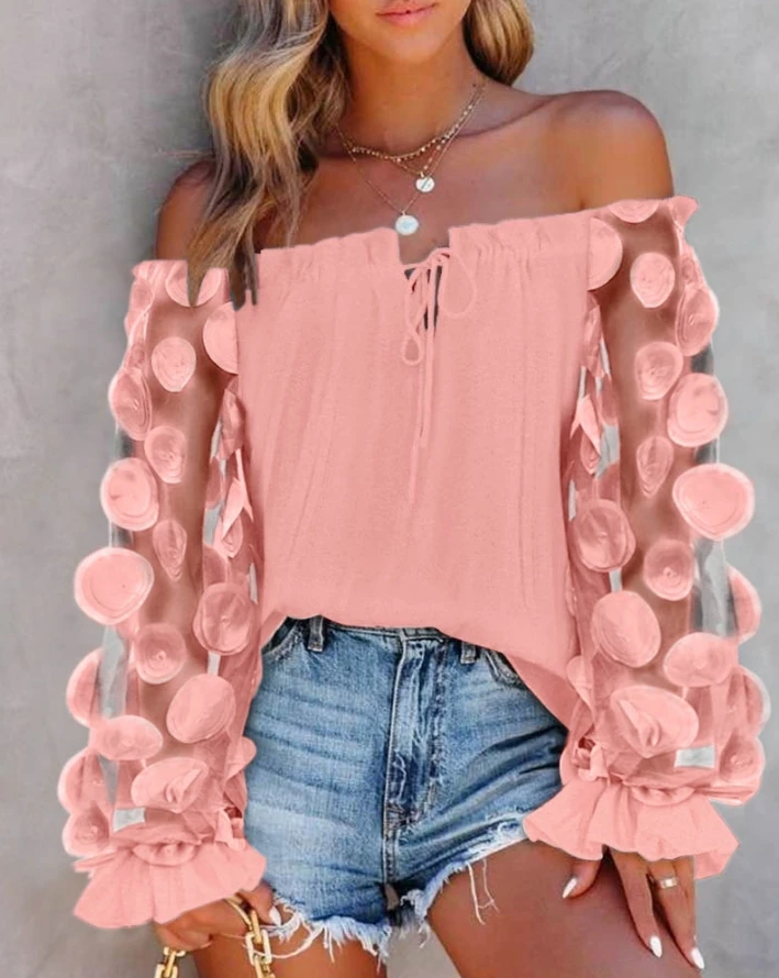 

Women Elegant Blouses Floral Pattern Sheer Mesh Patch Frill Hem Top 2024 Spring Sexy Off The Shoulder Long Sleeved Daily T-Shirt