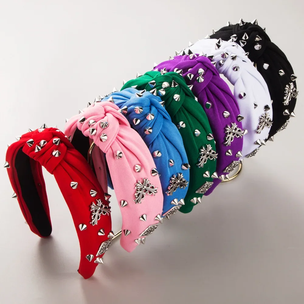 

European and American Fashion Temperament Pure Color Fabric Hairband Knotted Rivet Headband Hair Accessories