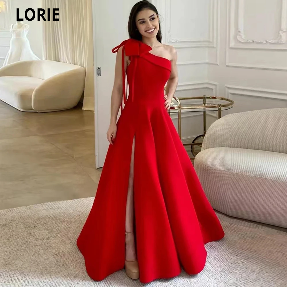 

LORIE Elegant A-line Satin Prom Dresses High Slit Vestido Novia Longue Robe De Soiree One Shoulder With Bow Red Vestidos De gala