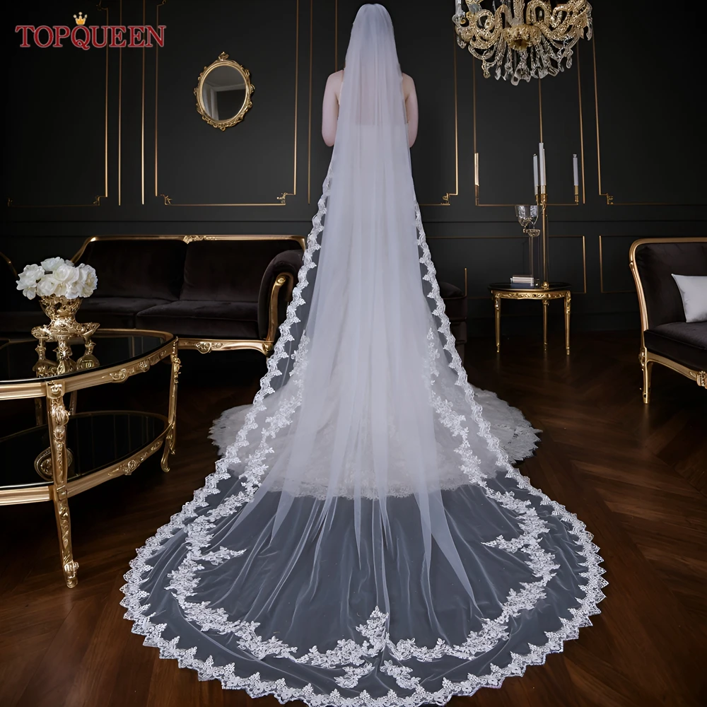 

TOPQUEEN V110 3M Bridal Veil Lace Edge Wedding Veils for Women Scalloped Alencon Floral French Lace Trim Amanda Novias 1 Tier