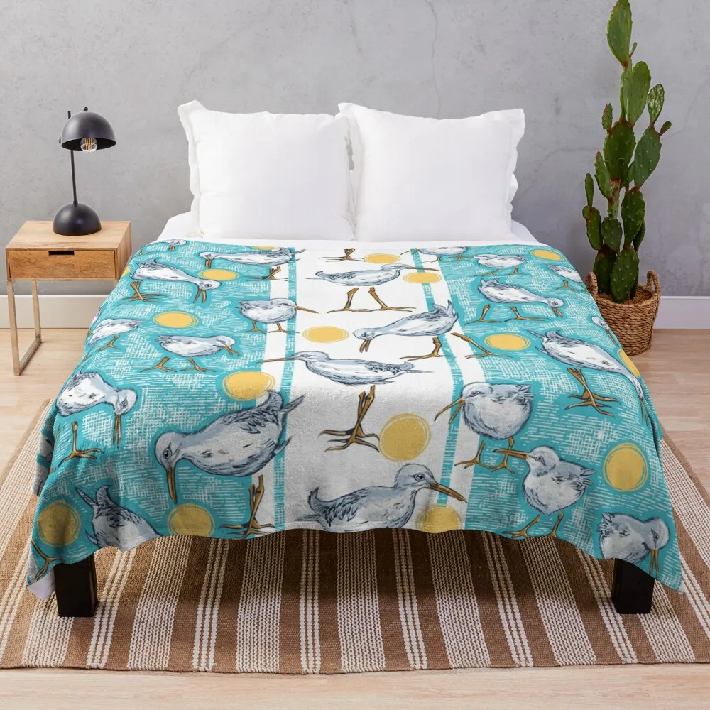 

Sunny Sandpipers Pattern | Beach Blue w/ Stripes Throw Blanket Bed covers Large Blanket Soft Blanket Retro Blankets