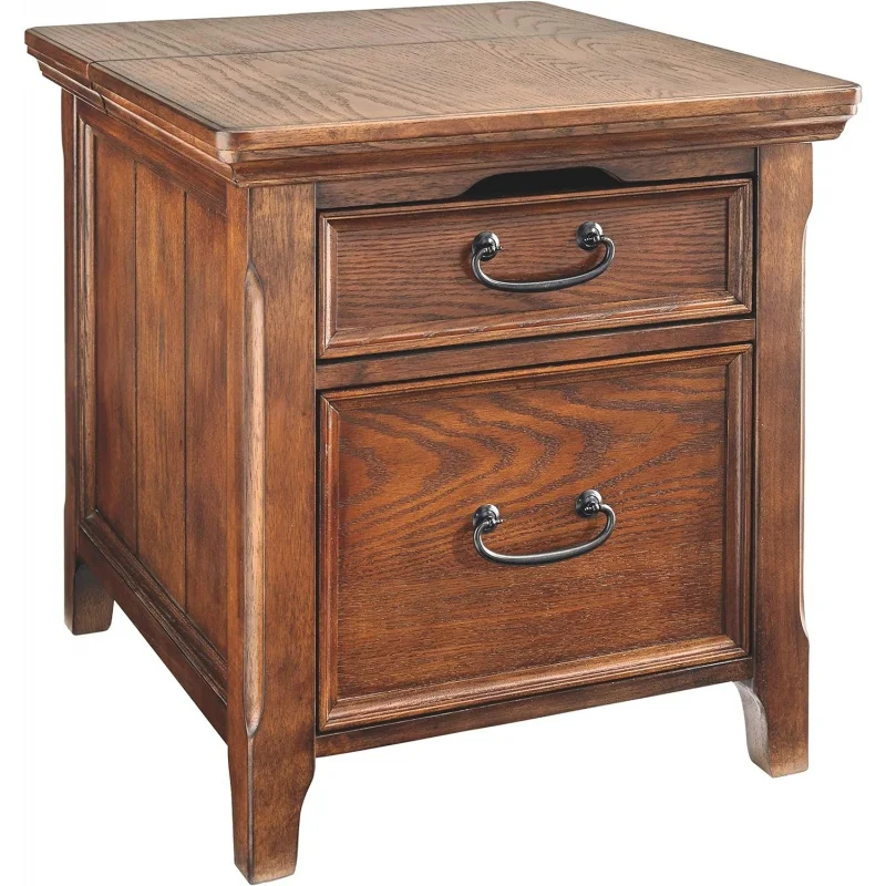 

Signature Design by Ashley Woodboro Traditional Square End Table with 1 File Drawer, 2 Electrical Outlets and USB Port, Dark Bro