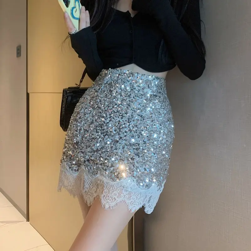 

2023 New Summer Sexy Royal Sister Fan Temperament Spicy Girl Sequin Lace Panel High Waist Slim A-line Wrapped Hip Short Skirt