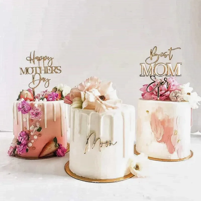 

New Mothers Day Happy Birthday Cake Topper Red Gold Concise MOM Acrylic Cake Toppers Mother's Day Party Gifts Dessert Decoration