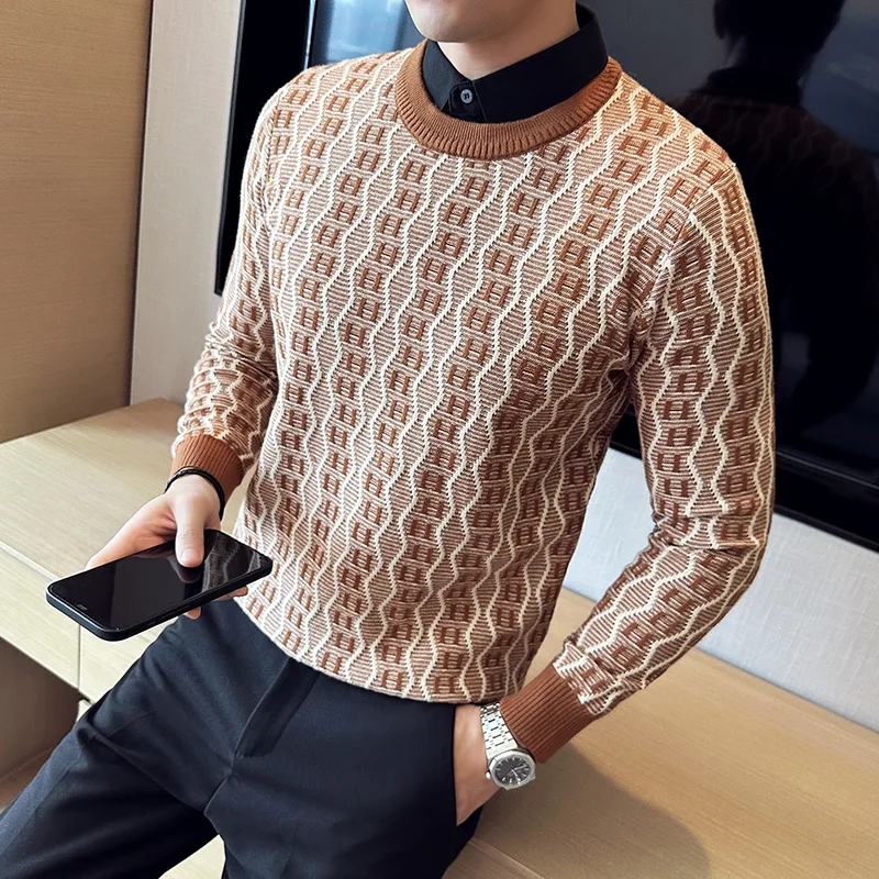 

Men's Shirt Neck Sweater Fashion Autumn Winter New Men's Wavy Stripes Fake Two Jacquard Knitwear Men's Pullover Outerwear/Bottom