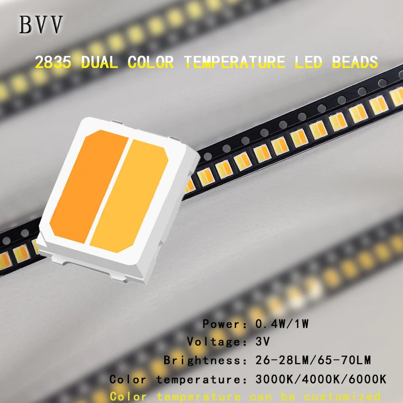 

100PCS 2835 dual color temperature SMD LED beads, power: 0.4W/1W, voltage: 3V, color temperature: 3000K+600K or 3000K+4000K